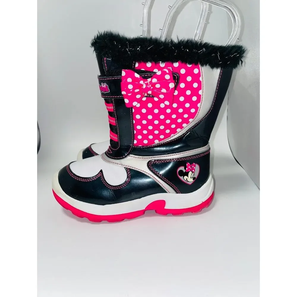 Disney Minnie Mouse Little Girls Bows Pink Black Polkadot Snow Boots Size 12
